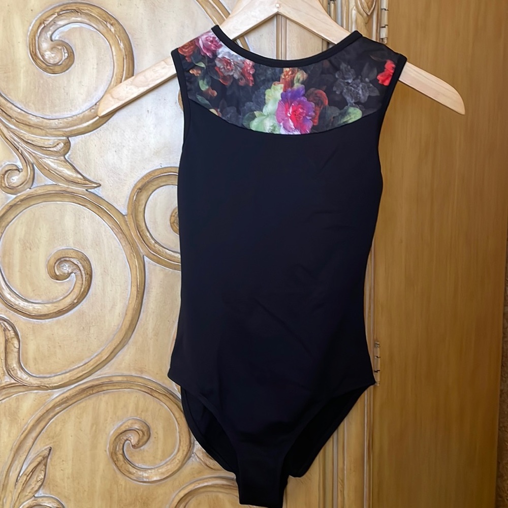 Black Taglia Basilica Leotard with accent print.